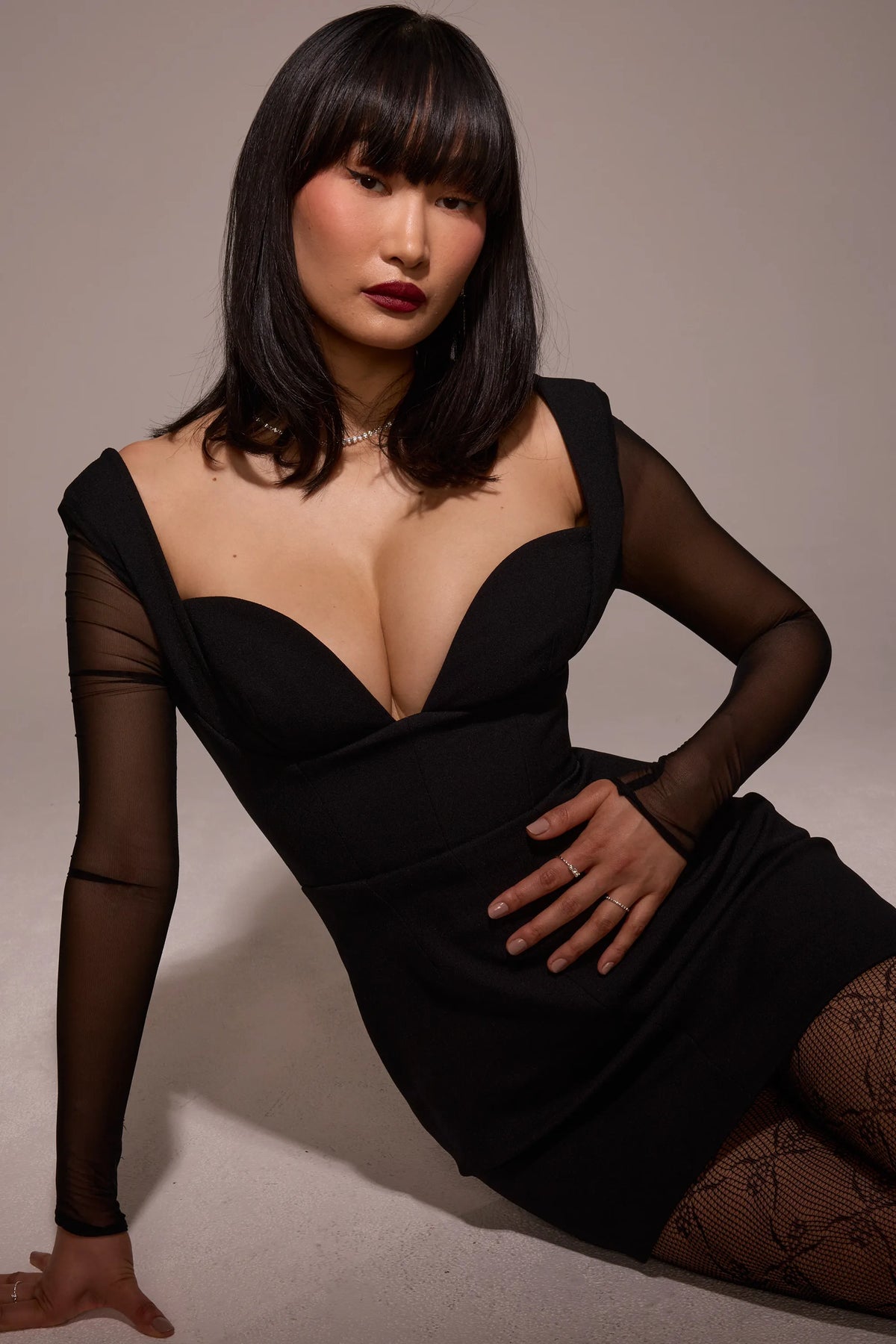 Angelie Black Stretch Crepe Plunge Mini Dress