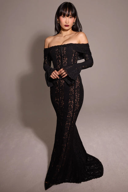 Belle Black Off Shoulder Floral Lace Maxi Dress