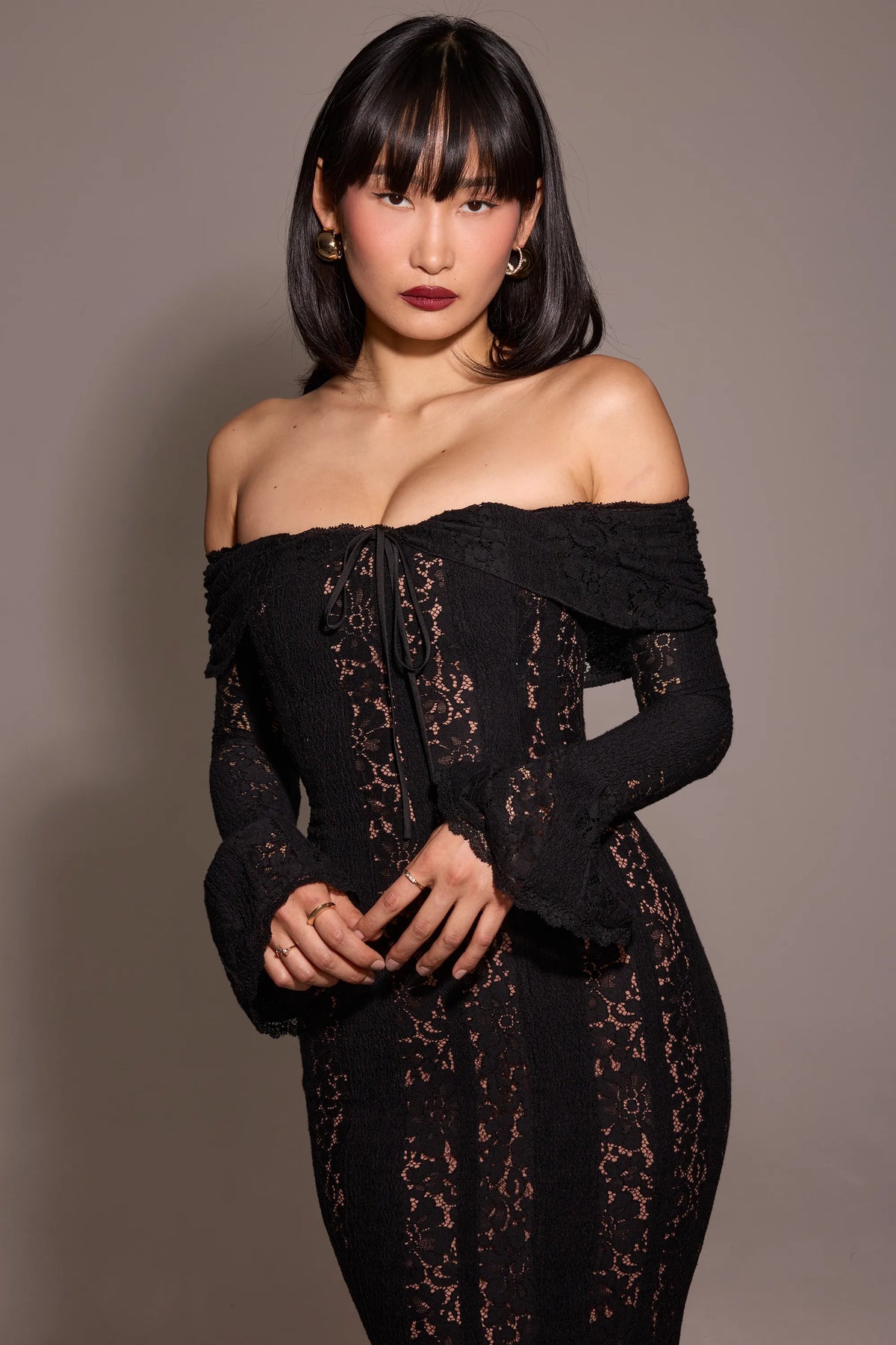 Belle Black Off Shoulder Floral Lace Maxi Dress