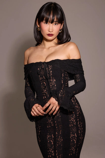 Belle Black Off Shoulder Floral Lace Maxi Dress