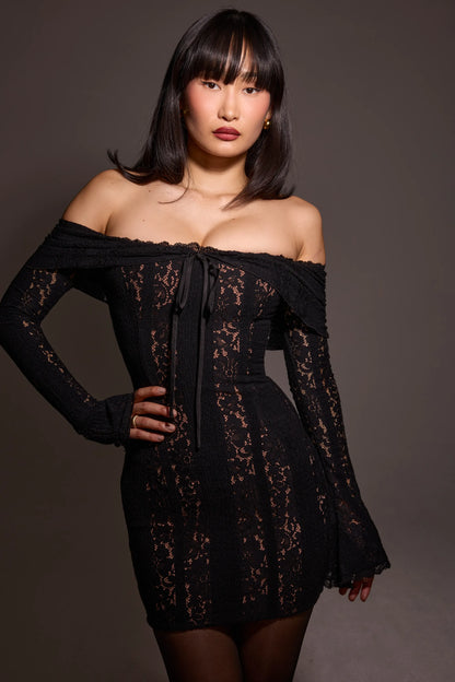 Sadie Black Floral Lace Off Shoulder Mini Dress