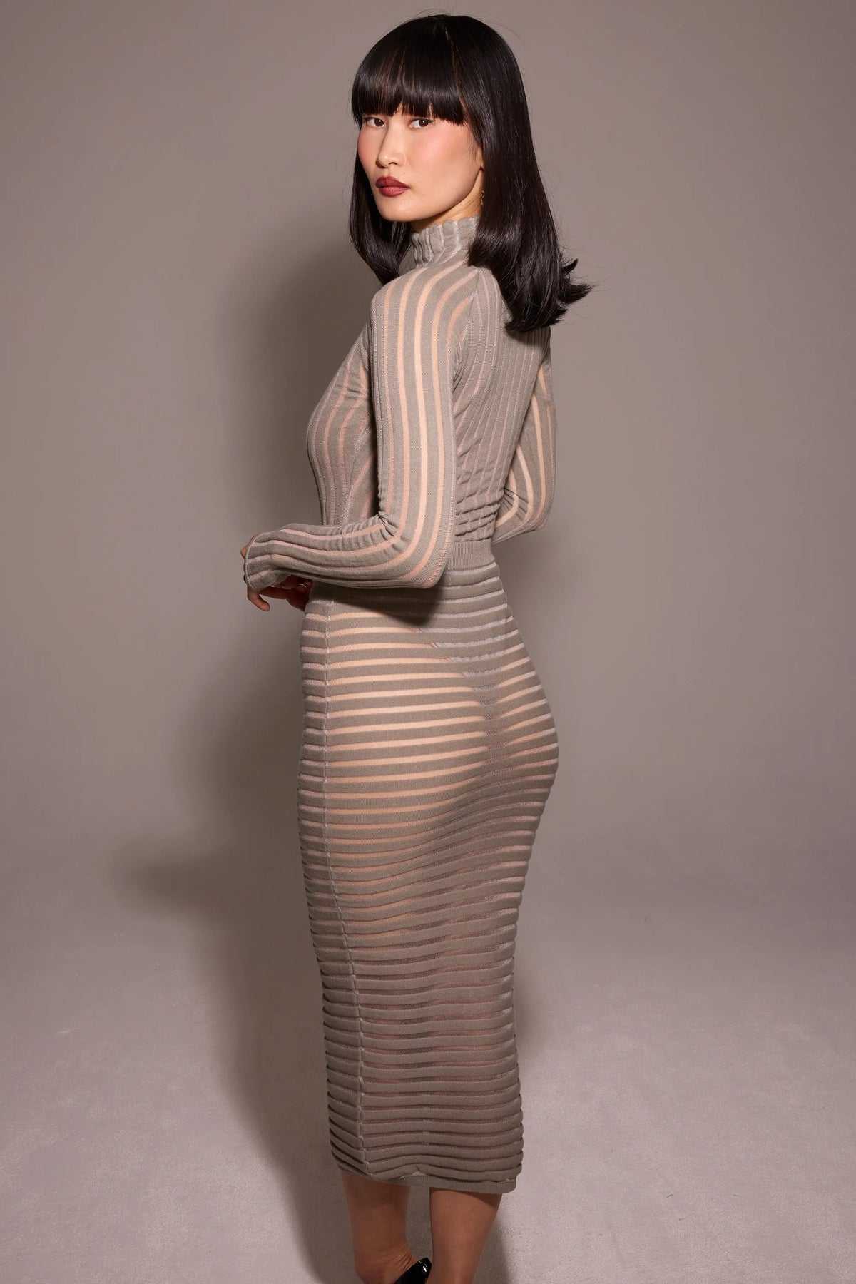 Margo Grey Velour Sheer Striped Midi Skirt