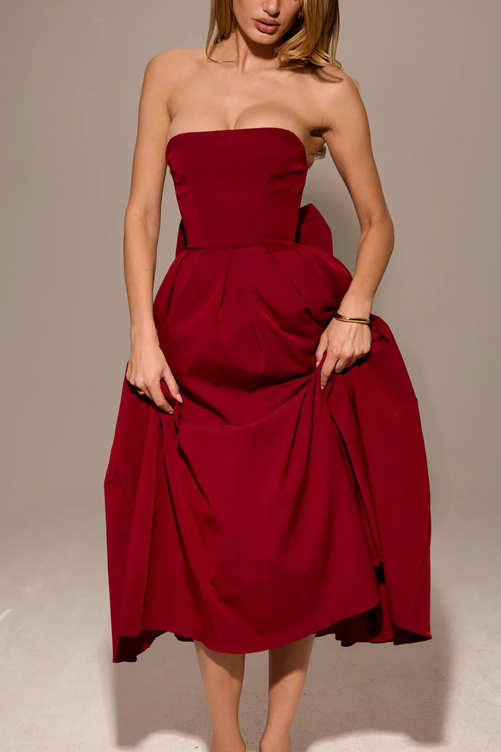 Pandora Berry Strapless Detachable Bow Midi Dress