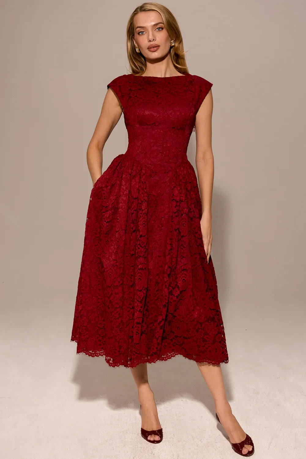 Debutante Berry Lace Backless Midi Dress