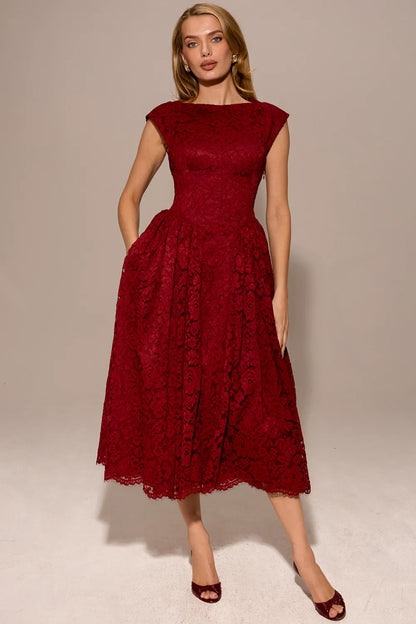 Debutante Berry Lace Backless Midi Dress