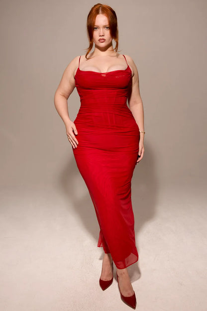 Nalini Holly Red Stretch Mesh Corset Maxi Dress
