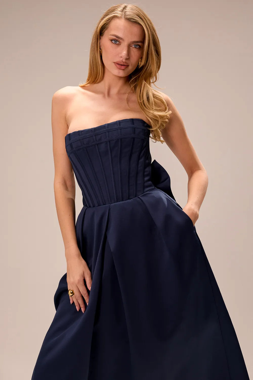Bellina Midnight Blue Strapless Detachable Bow Midi Dress