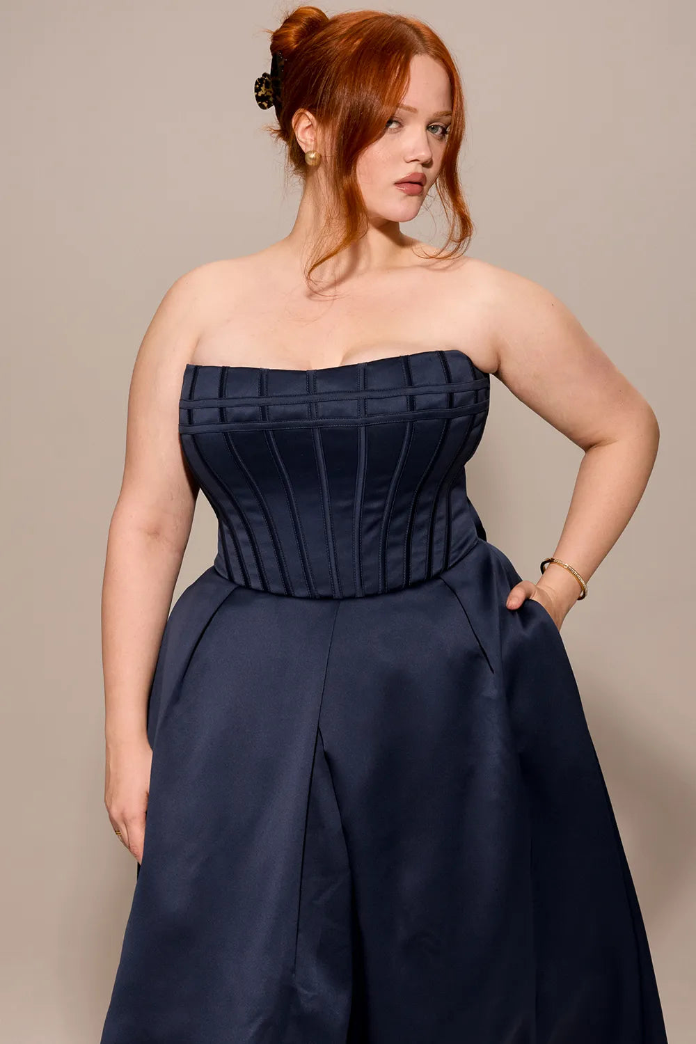 Bellina Midnight Blue Strapless Detachable Bow Midi Dress