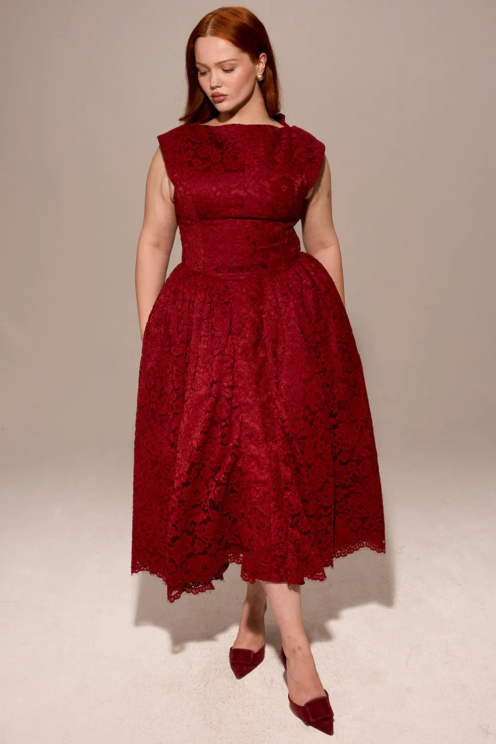 Debutante Berry Lace Backless Midi Dress