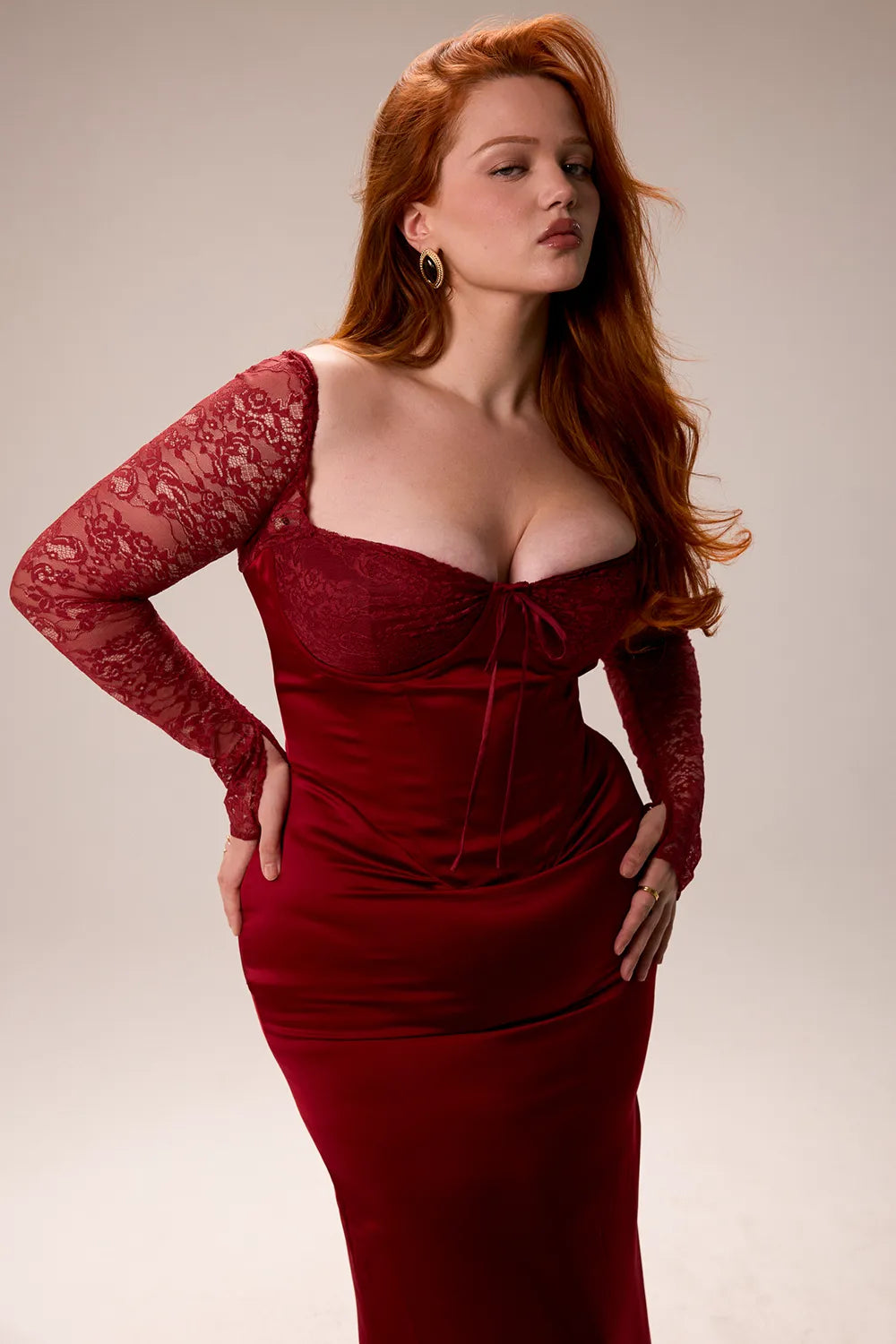 Perdi Berry Satin Maxi Dress with Corset