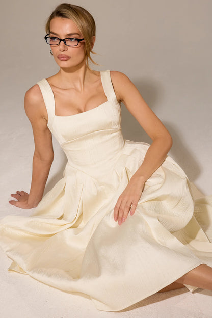 Isabeau Ivory Textured Satin Corset Midi Dress