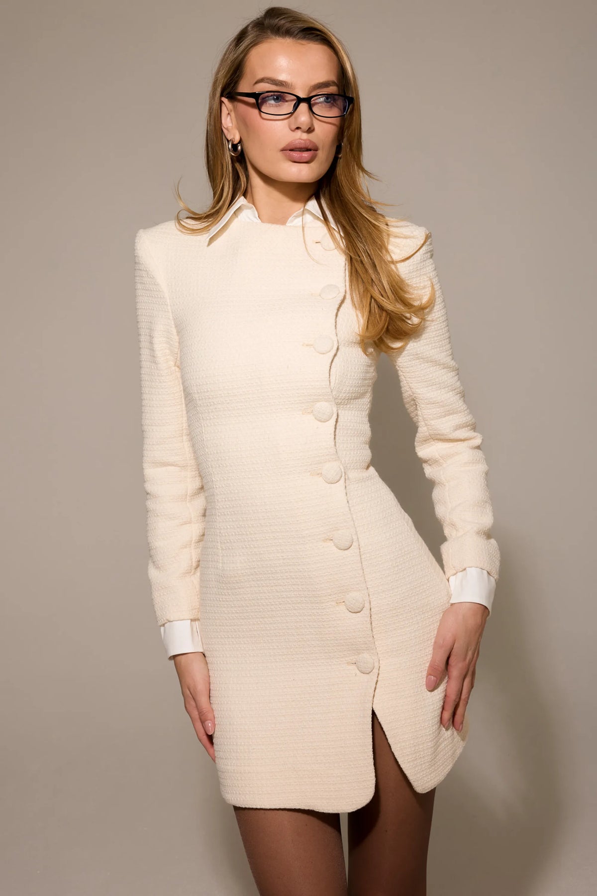 Leoni Cream Boucle Tweed Mini Dress