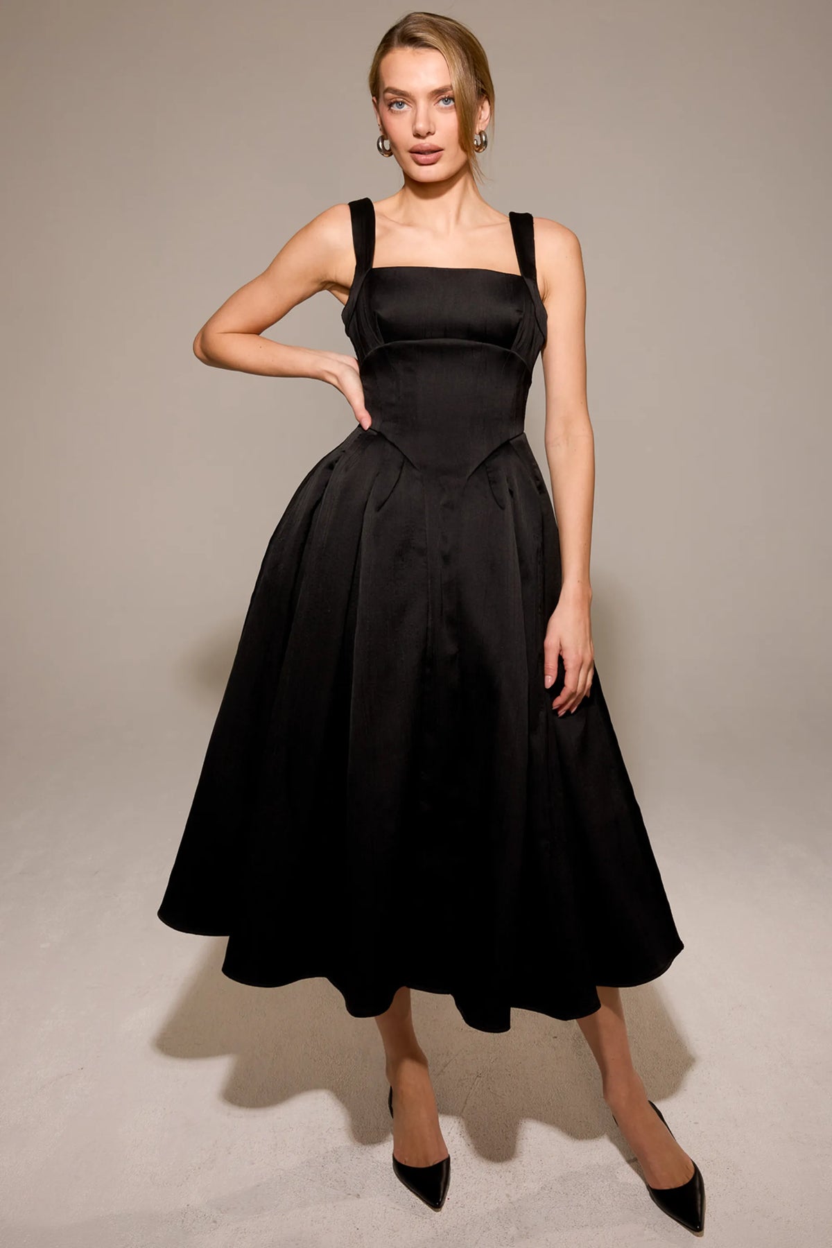 Isabeau Black Textured Satin Corset Midi Dress