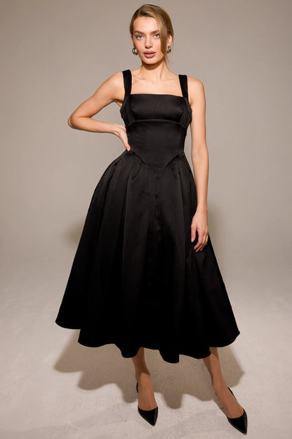 Isabeau Black Textured Satin Corset Midi Dress