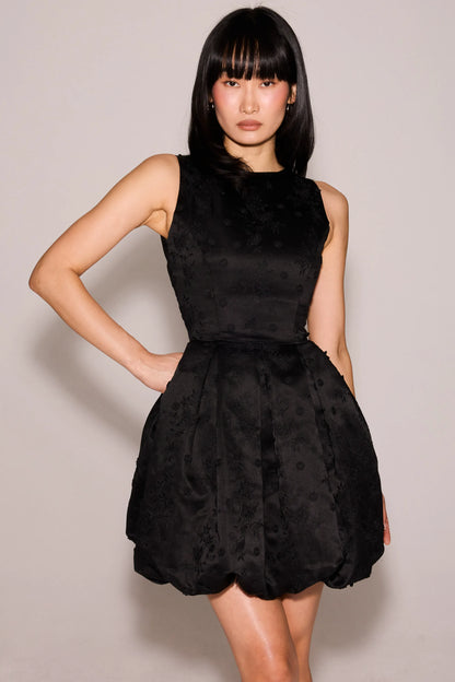 Melika Black Backless Embroidered Mini Puffball Dress