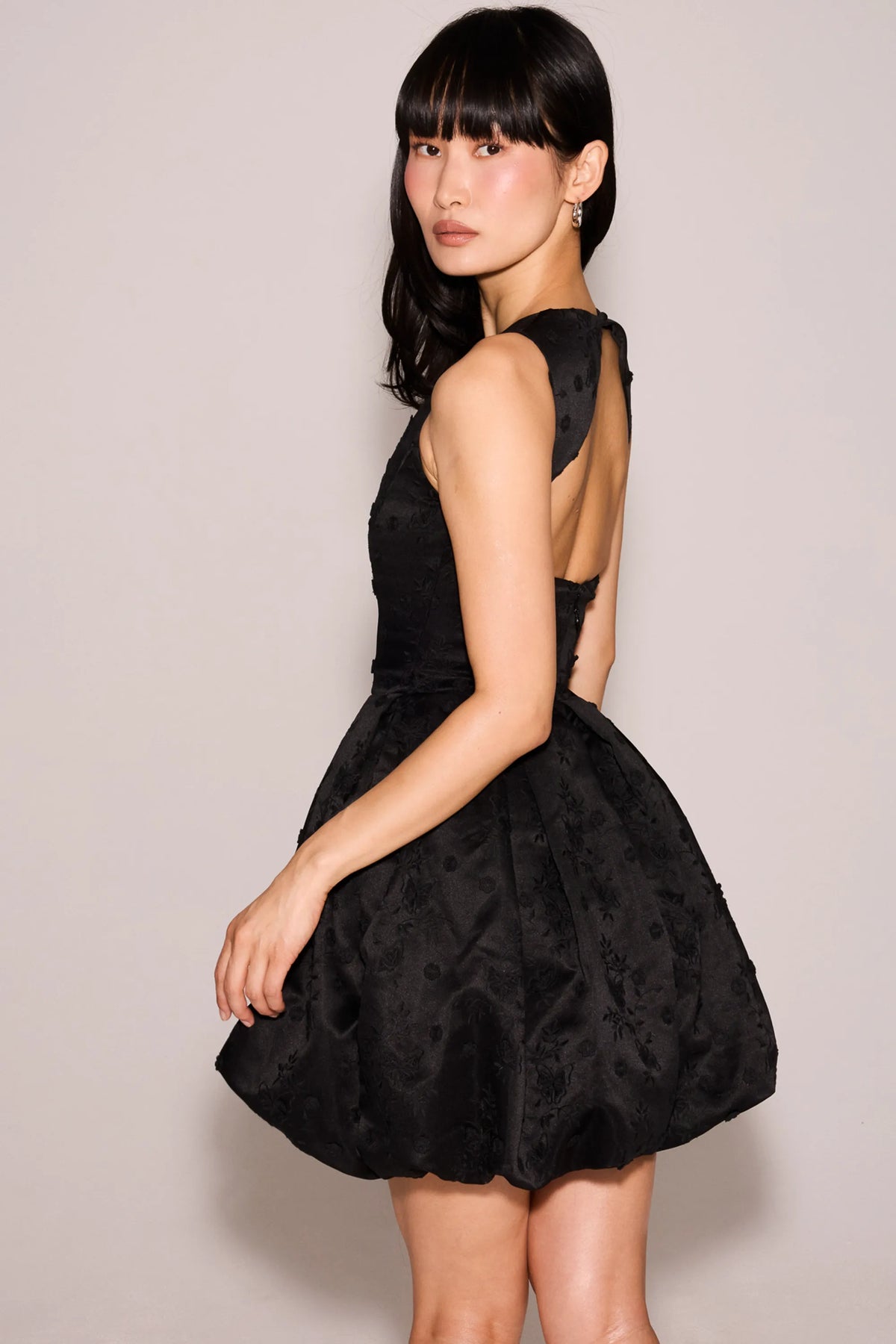 Melika Black Backless Embroidered Mini Puffball Dress