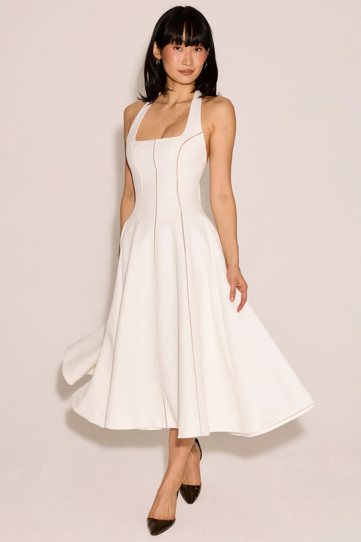 Loulou Ivory Halter Neck Midi Dress