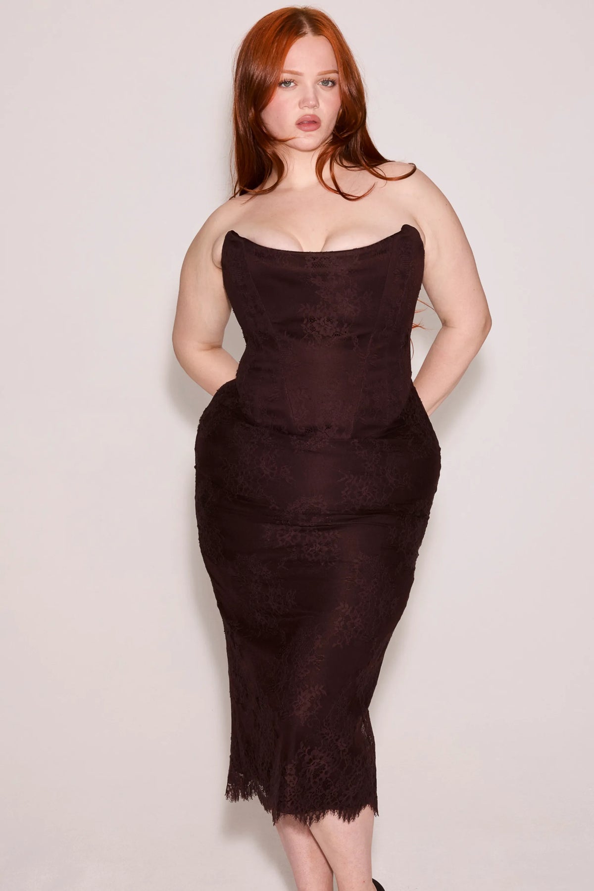 Larra Bitter Chocolate Lace Corset Midi Dress & Bolero