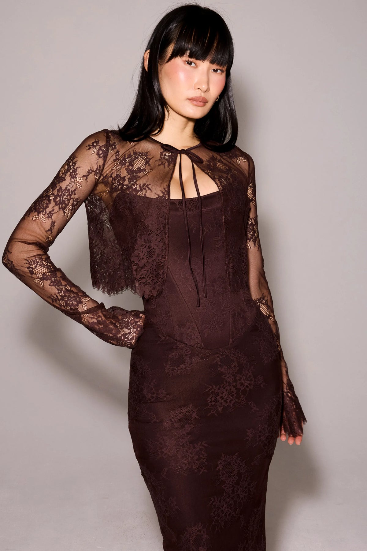 Larra Bitter Chocolate Lace Corset Midi Dress & Bolero