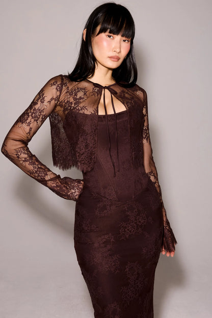 Larra Bitter Chocolate Lace Corset Midi Dress & Bolero