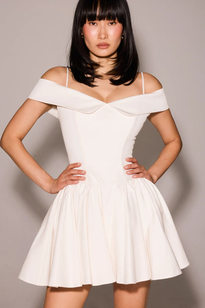 Elida White Twill Off Shoulder Mini Dress
