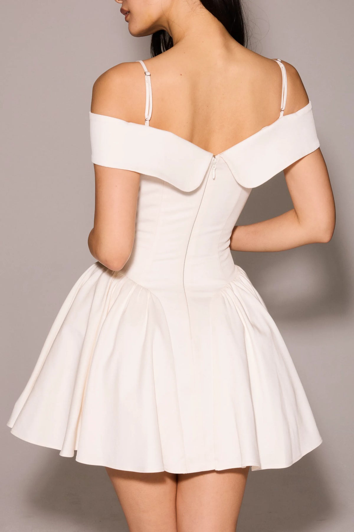 Elida White Twill Off Shoulder Mini Dress
