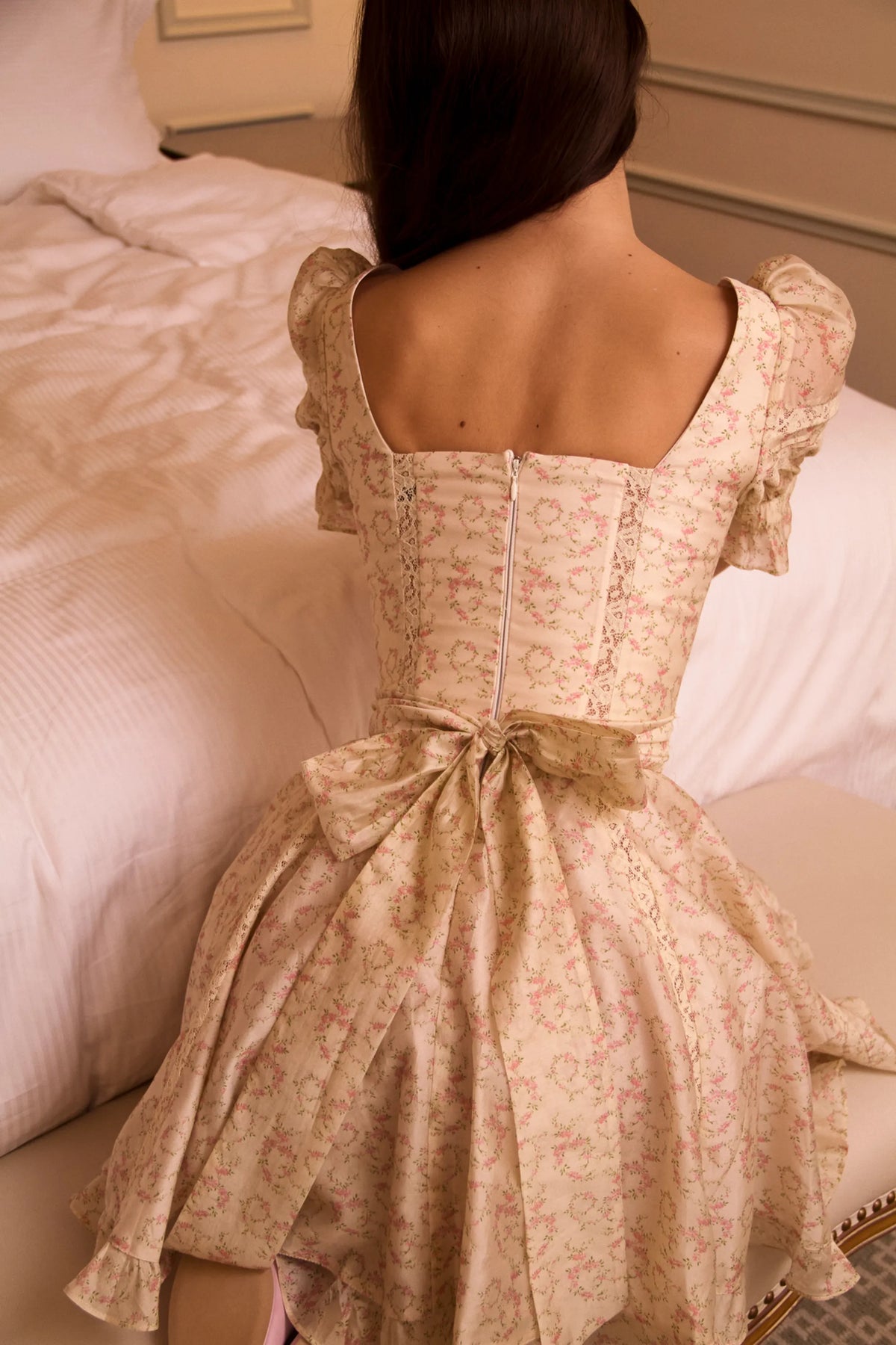 Melita Cream Floral Print Chiffon Puff Sleeve Mini Dress