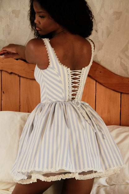 Liesl Blue Striped Pintucked Mini Dress