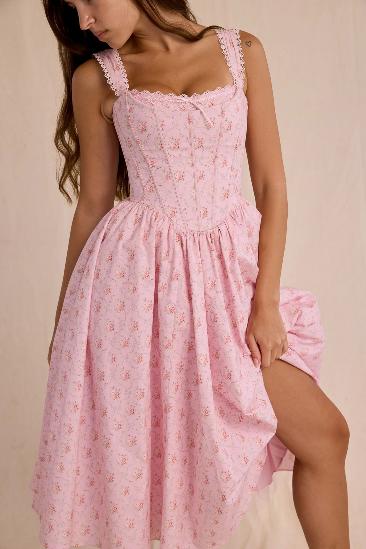 Amara Pink Rose Print Stretch Cotton Corset Midi Dress