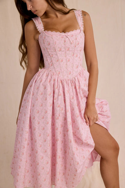 Amara Pink Rose Print Stretch Cotton Corset Midi Dress