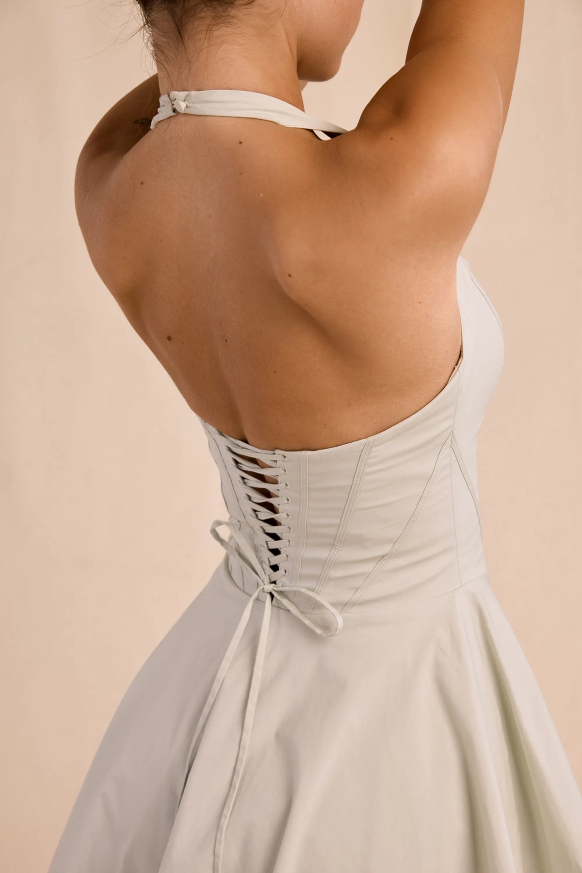 Sasha Pistachio Stretch Cotton Halter Neck Mini Dress