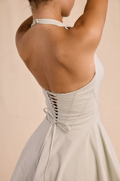 Sasha Pistachio Stretch Cotton Halter Neck Mini Dress