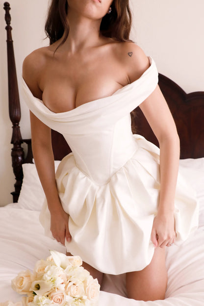 Leonora Ivory Satin Off Shoulder Mini Bridal Gown