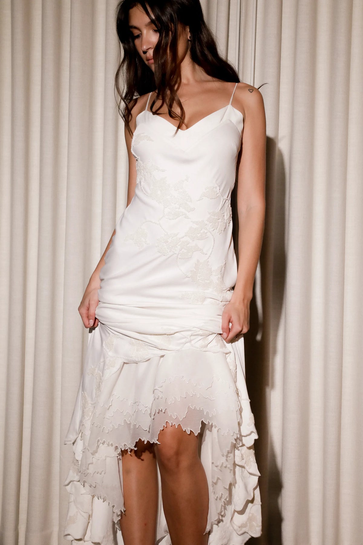 Anastelle Vintage Ivory Satin Hand Beaded Embellished Maxi Dress