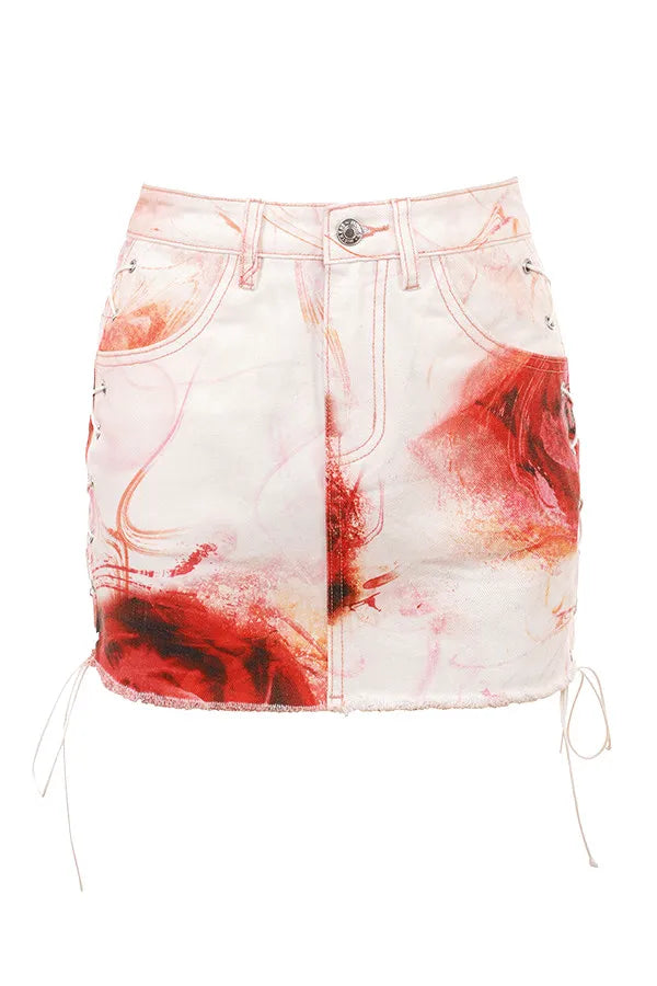 Mistress Rocks Rose Print Denim Mini Skirt - SALE