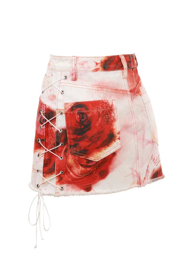 Mistress Rocks Rose Print Denim Mini Skirt - SALE