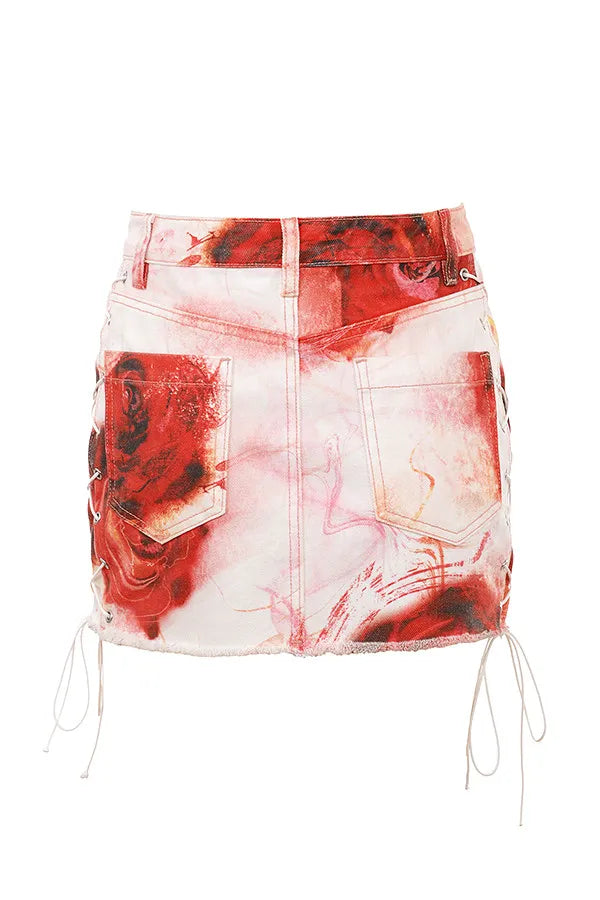 Mistress Rocks Rose Print Denim Mini Skirt - SALE