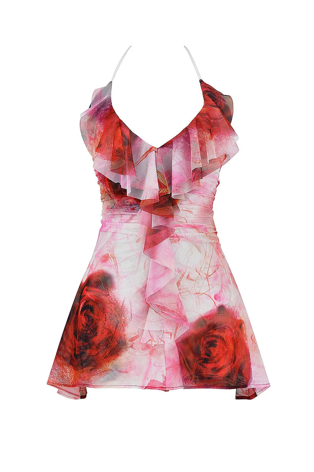 Mistress Rocks Rose Print Frill Halter Mini Dress - SALE