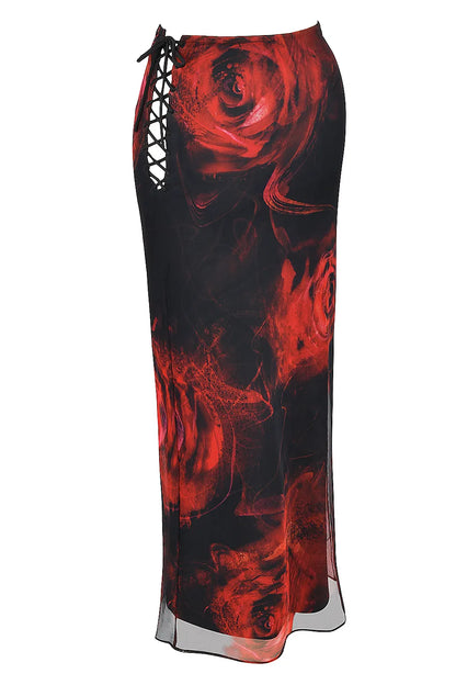 Mistress Rocks Black Rose Print Lace Up Midi Skirt - SALE