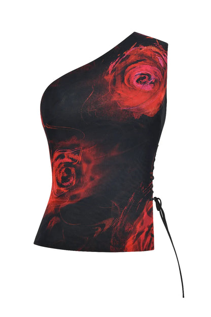 Mistress Rocks Black Rose Print One Shoulder Top - SALE
