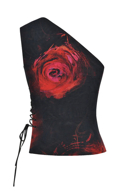 Mistress Rocks Black Rose Print One Shoulder Top - SALE