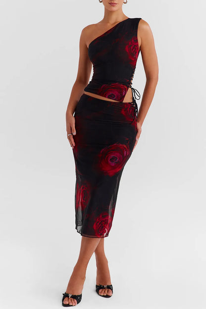 Mistress Rocks Black Rose Print Lace Up Midi Skirt - SALE