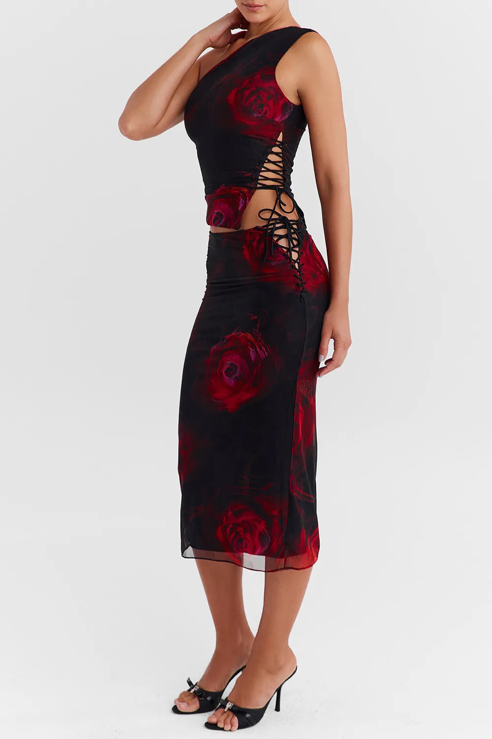 Mistress Rocks Black Rose Print Lace Up Midi Skirt - SALE