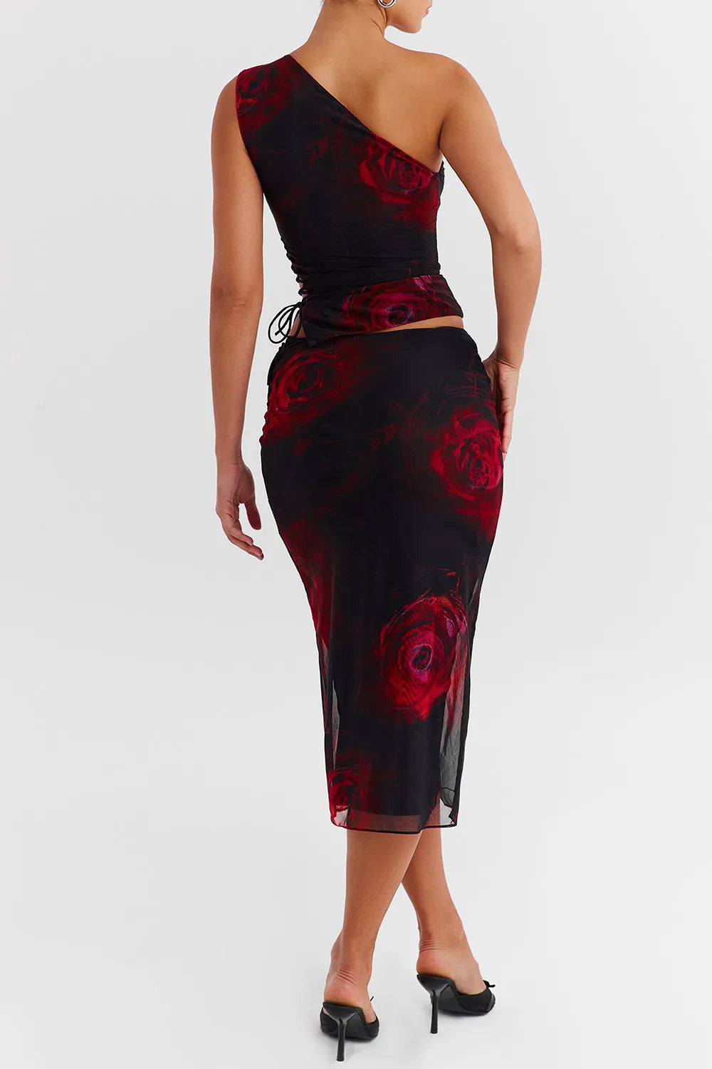 Mistress Rocks Black Rose Print Lace Up Midi Skirt - SALE