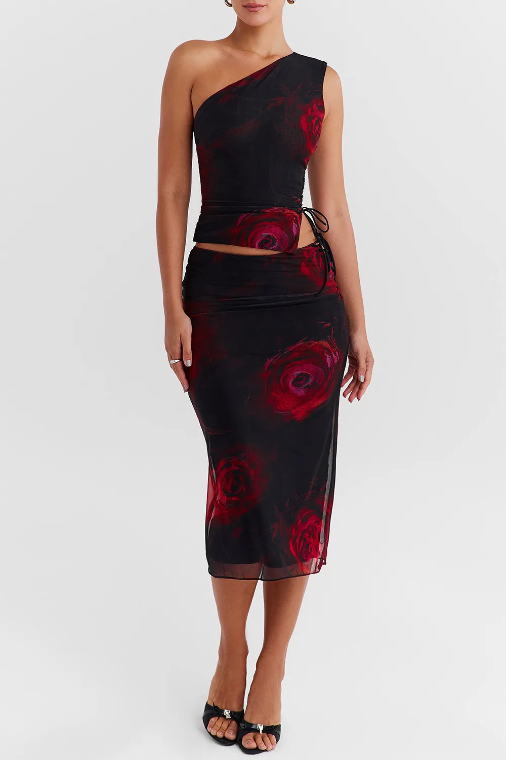 Mistress Rocks Black Rose Print One Shoulder Top - SALE