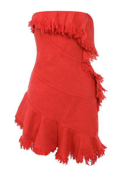 Mistress Rocks Red Frayed Denim Strapless Mini Dress - SALE