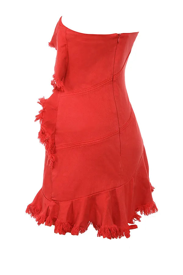 Mistress Rocks Red Frayed Denim Strapless Mini Dress - SALE