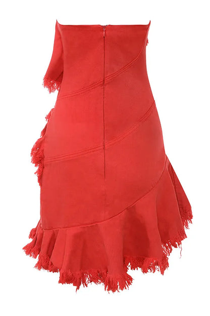 Mistress Rocks Red Frayed Denim Strapless Mini Dress - SALE