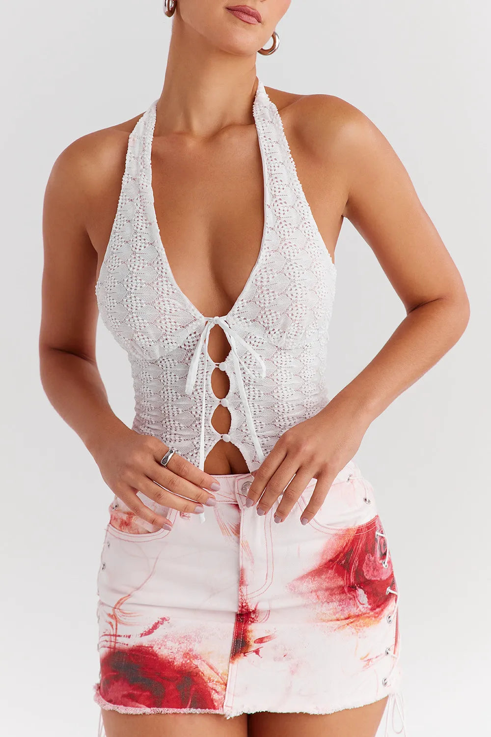 Mistress Rocks White Knit Plunge Halter Top - SALE