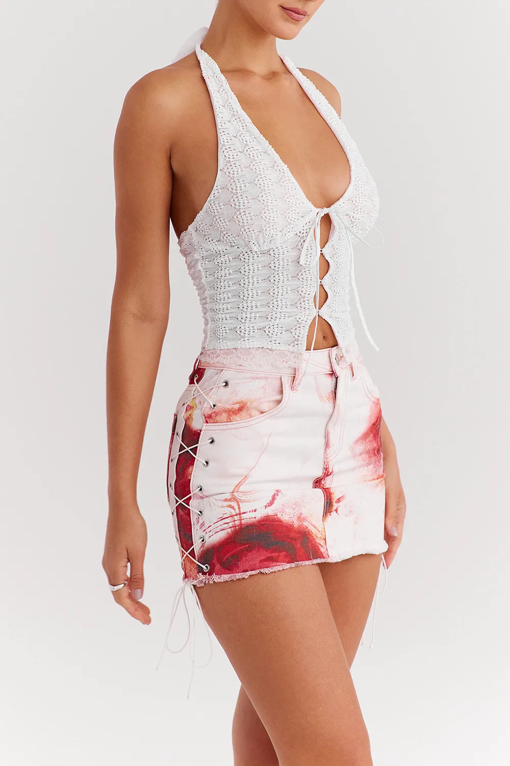 Mistress Rocks Rose Print Denim Mini Skirt - SALE